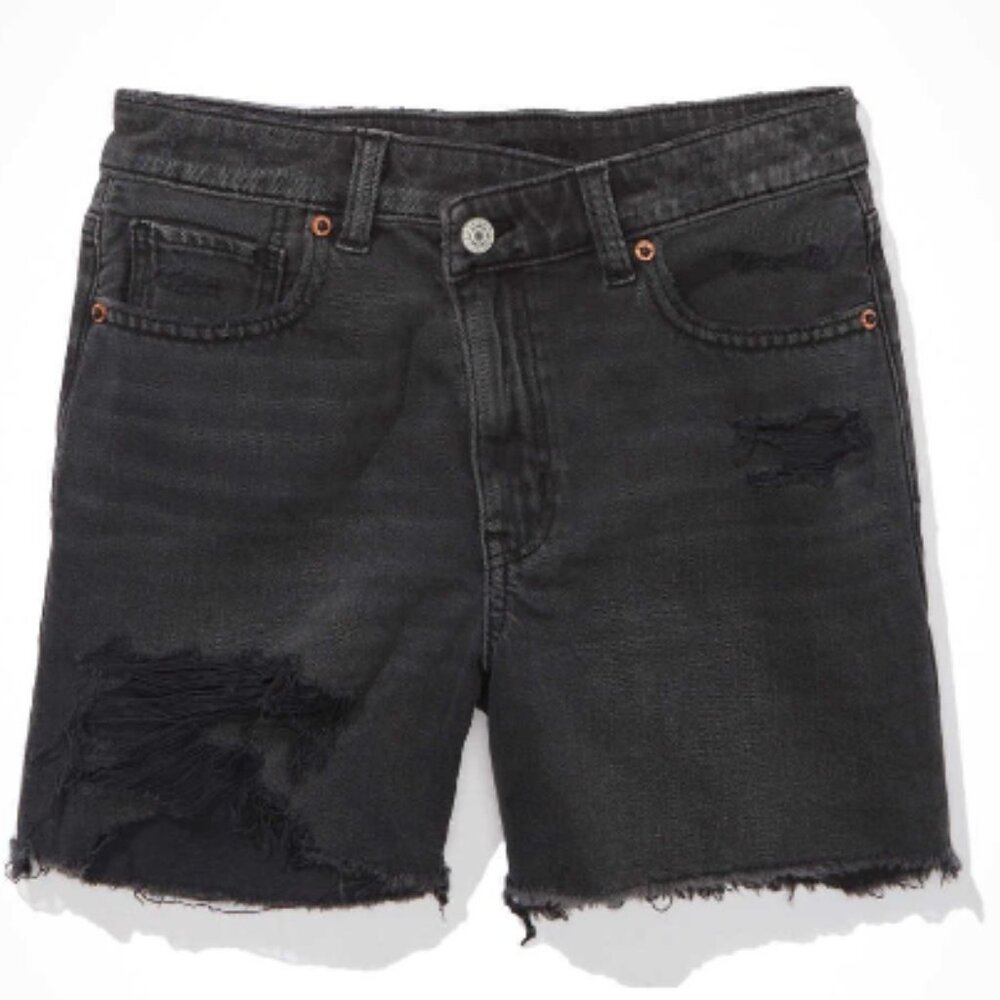 American Eagle AE Denim Highest Waist Baggy Short Sz 12 Faded Black Ripped